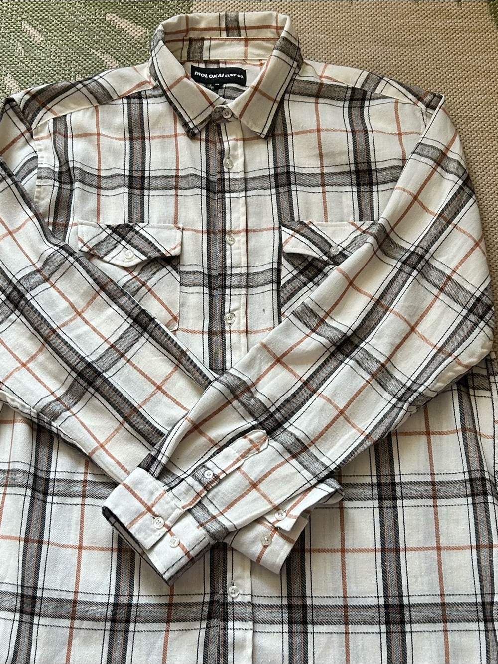 Molokai Surf Co. Men's Cream Plaid Button-Down Flannel Shirt size XL